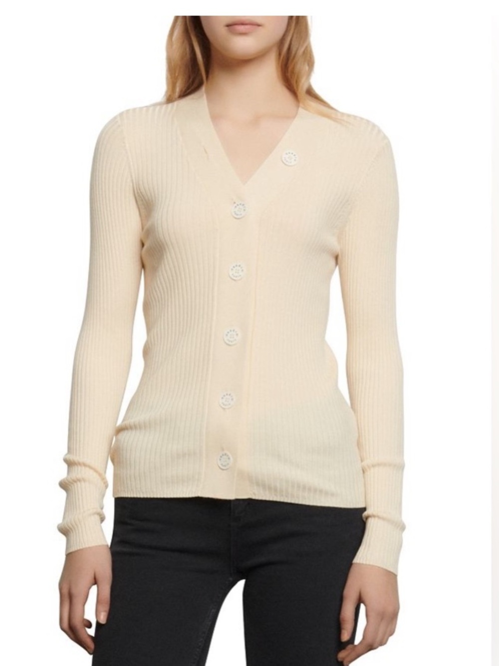 Sandro NWT Cream Ribbed V-Neck Button Cardigan